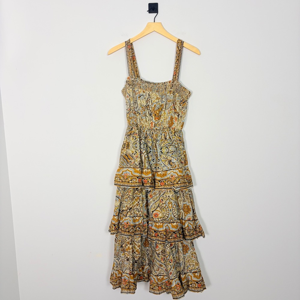 Cleobella Rosalie Midi Dress S Paisley Tiered Smocked Boho Organic Cotton Brown - Picture 2 of 9